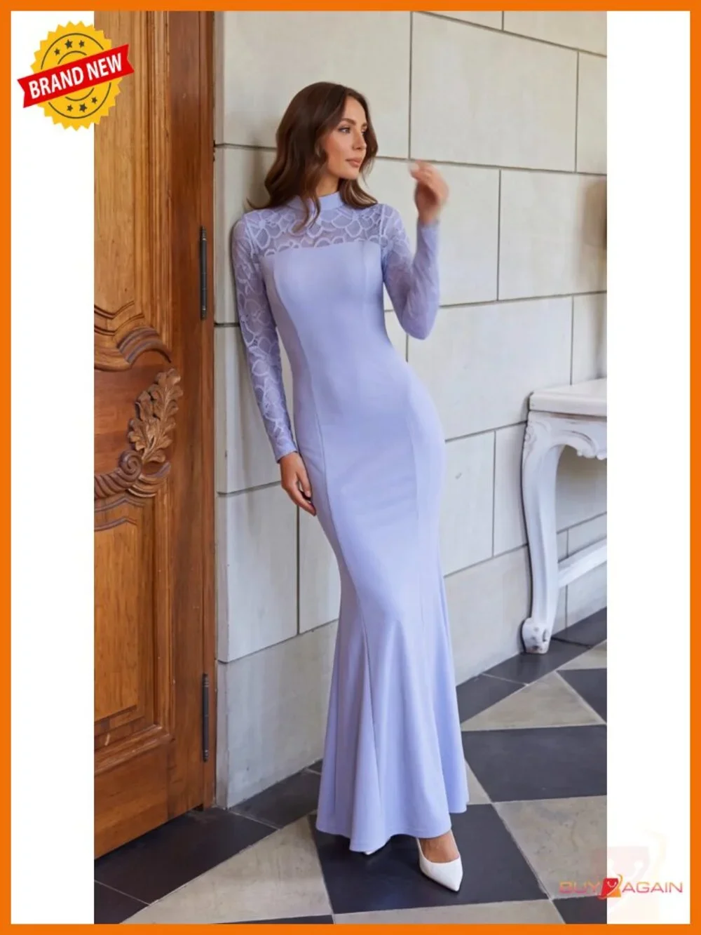 Lace Sheer Bodycon Maxi Dress Mock Neck Mermaid Semi Formal